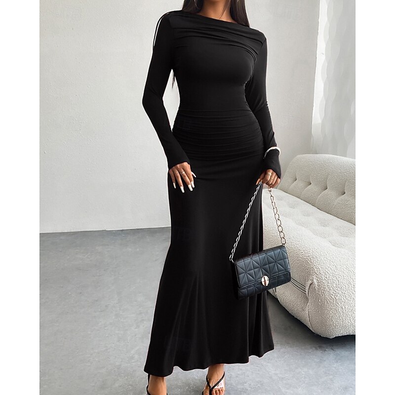 Women's Long Dress Maxi Dress Black Dress Party Dress Cocktail Dress Satin Dress Elegant Fashion Modern Party Special Occasion Evening Party Regular Fit Plain Long Sleeve Crew Neck Black Wine Brown4