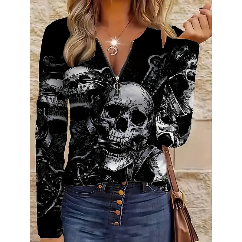 Halloween Women's T Shirt Graphic Skull Fashion Casual Long Sleeve Crew Neck Round Neck Regular Tops Daily Zipper Print Black Spring Fall Winter