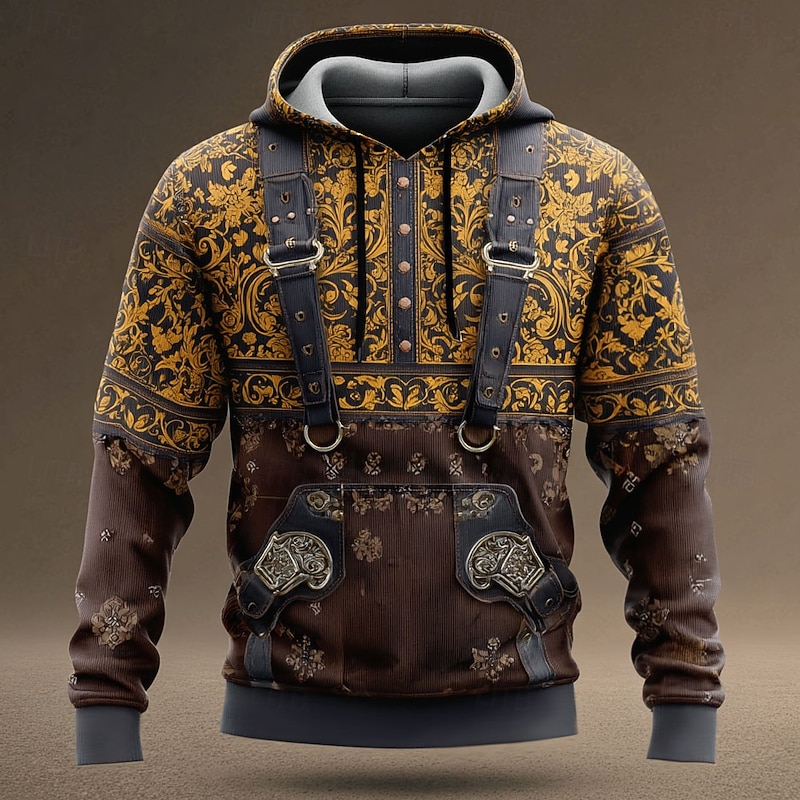 Men's Cowboy Hoodie Sweatshirt Ethnic Cowboy Crew Neck Streetwear Blue Brown Drawstring Fall Winter Designer