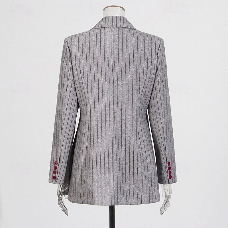 Women's Pinstriped Blazer Sport Coat Fit & Flare Formal Wedding Guest Woven Elegant Long Sleeve Peaked Lapel Double Breasted3