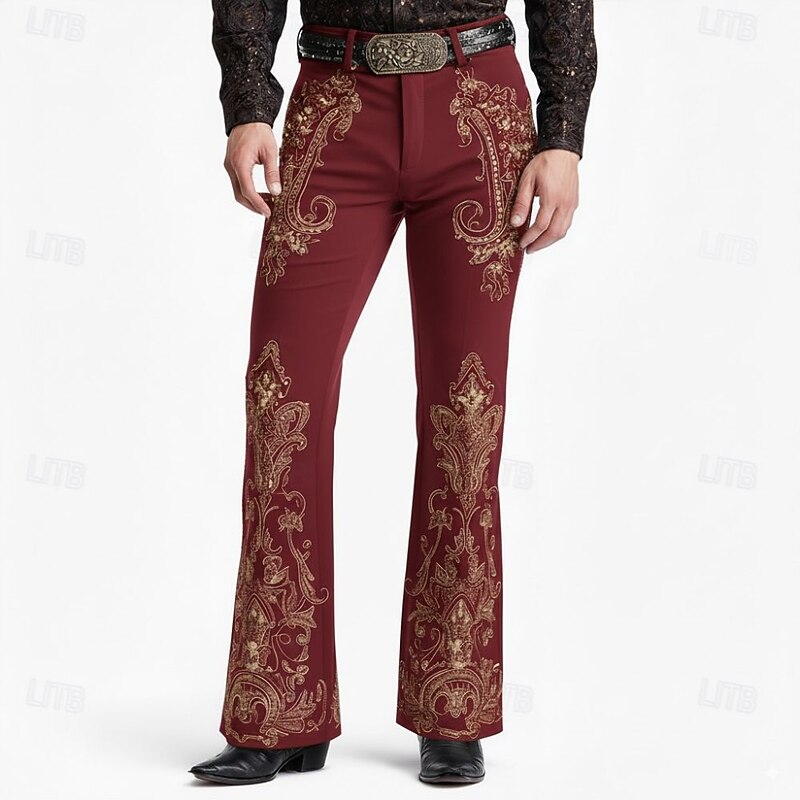 Men's Paisley Floral Print Ethnic Disco Pants 60s 70s Bell Bottoms Mid Waist Western Vintage Retro Outdoor Vacation Casual Side Pockets Flared Leg Pants Trousers Spring Fall 3D Print Red Blue Purple4