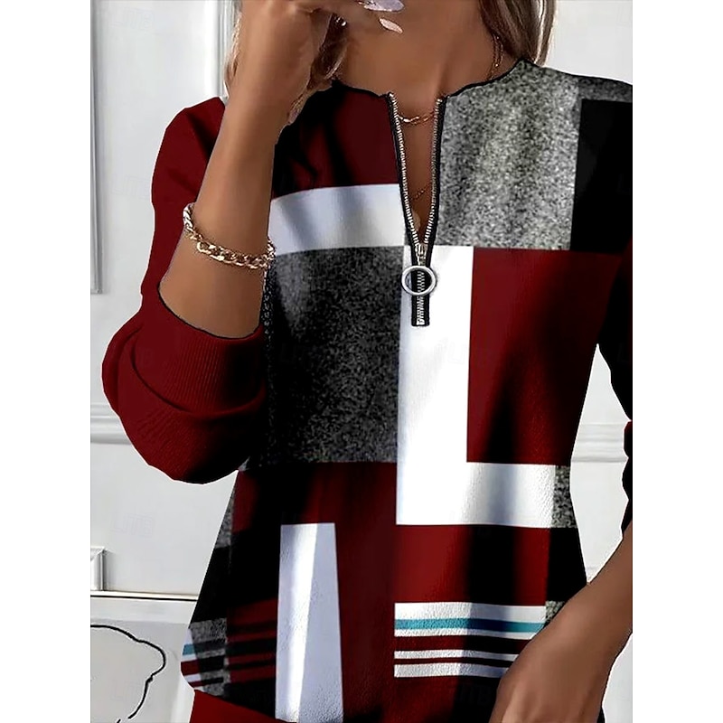 Women's Pullover Sweatshirt Zip Up Sweatshirts Graphic Geometric Color Block Fashion Casual Long Sleeve Crew Neck Regular Tops Street Dailywear Patchwork Zipper Print Wine Fall Winter2