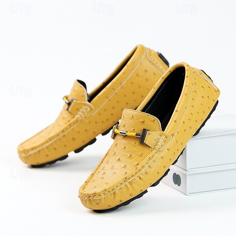 Men's Yellow Ostrich Pattern Loafers with Metal Buckle, Casual Slip-On Driving Moccasins for Business, Summer Parties and Everyday Wear2