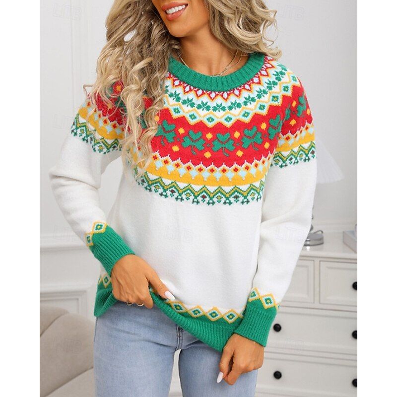 Women's Sweater Pullover Streetwear Casual Floral Ribbed Crew Neck Knitted Print Long Sleeve Regular Tops Knit Christmas Daily Holiday White Pink Fall Winter2