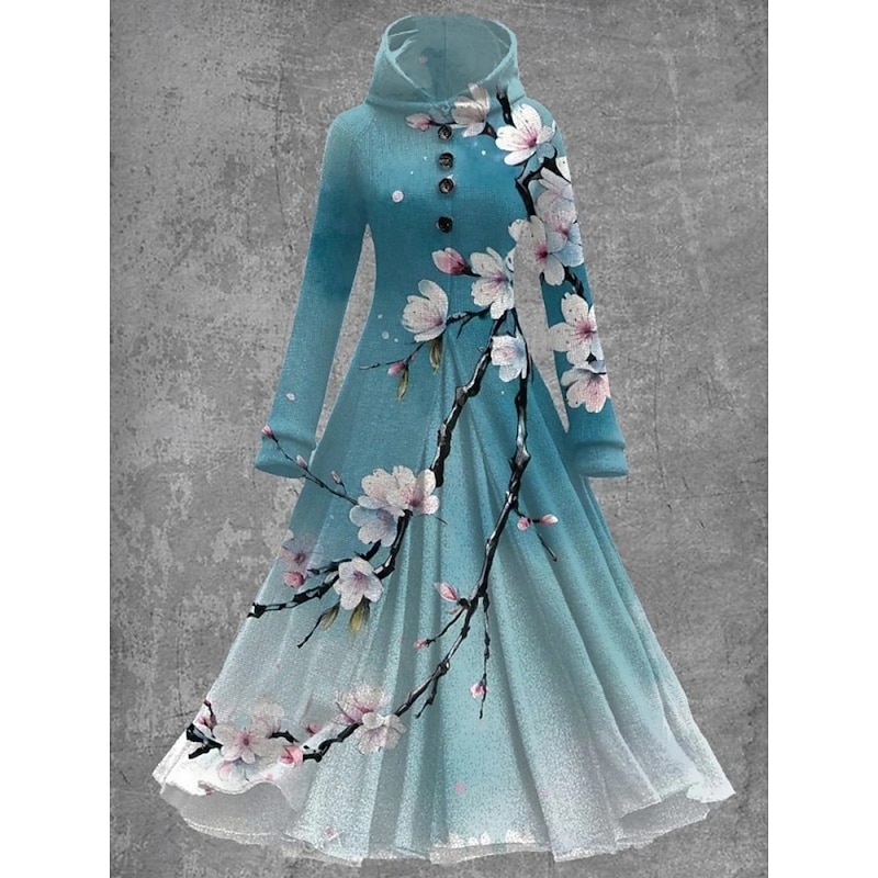 Women's Maxi Dress A Line Dress Casual Daily Regular Fit Floral Long Sleeve Hooded Royal Blue Blue Sky Blue Green Spring Fall3