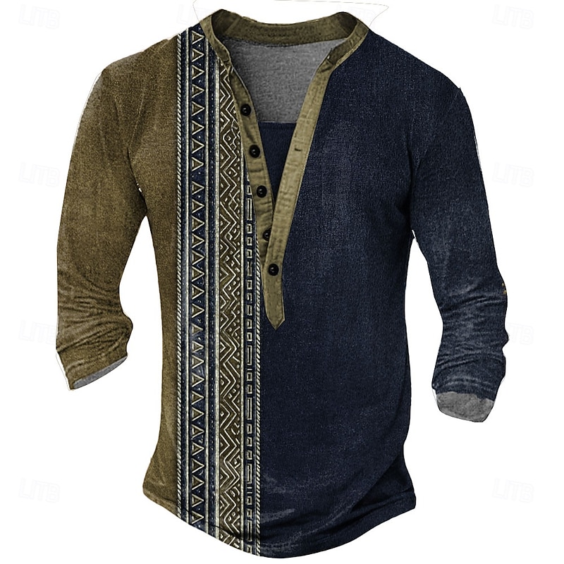 Men's Geometric Ethnic T Shirt Henley Shirt Long Sleeve Designer Retro Vintage Ethnic Street Casual Daily Summer Spring Fall Brown Green Blue khaki Henley Henley T-Shirt3