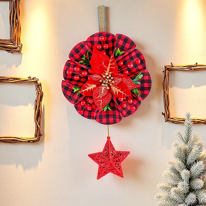 Christmas Wreath Hanging Decoration With Five Pointed Star Pendant For Door Window Ornament Holiday Party Supplies Christmas Tree Hanging Garland Home Indoor Outdoor Decor4