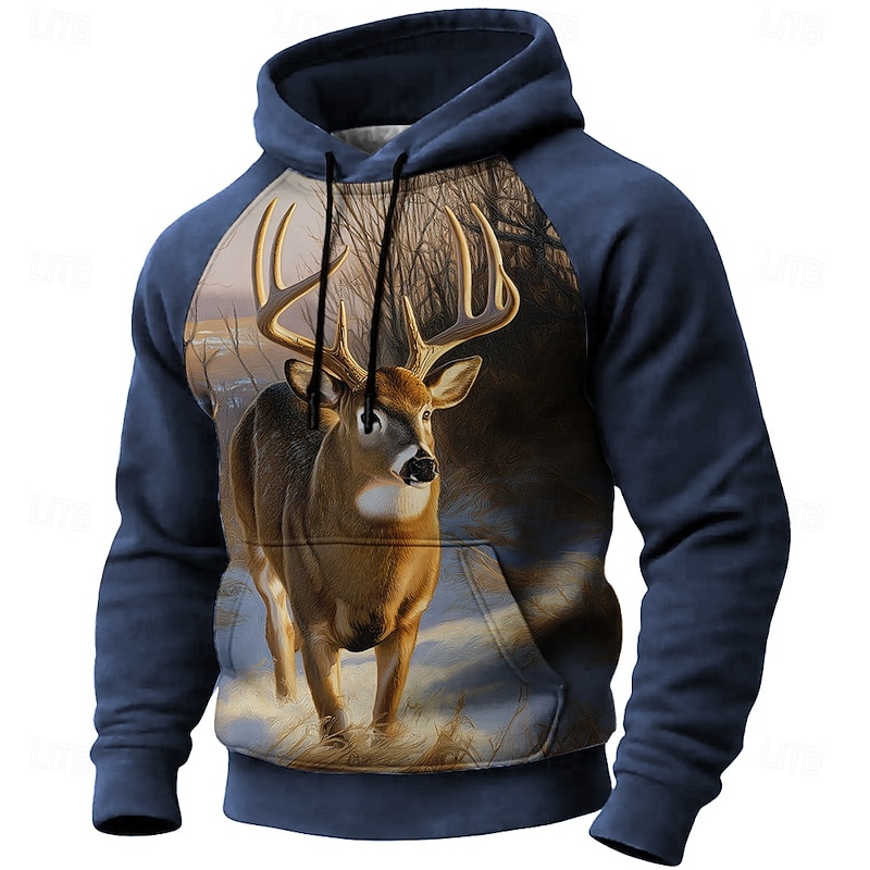 Men's Deer Hoodie Sweatshirt 3D Hunting Hooded Outdoor Sports Outdoor Black Blue Raglan Sleeves Fall Winter Designer3