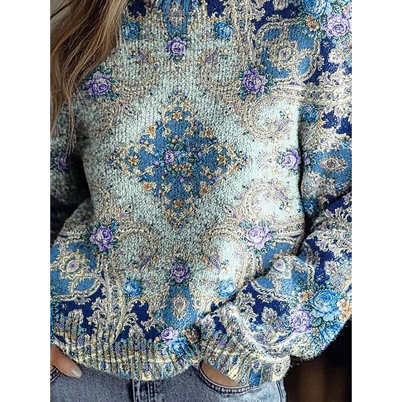 Women's Sweater Pullover Daily Floral Graphic Paisley Ribbed Turtleneck Knitted Print Long Sleeve Regular Tops Knit Outdoor Weekend Blue Fall Winter3