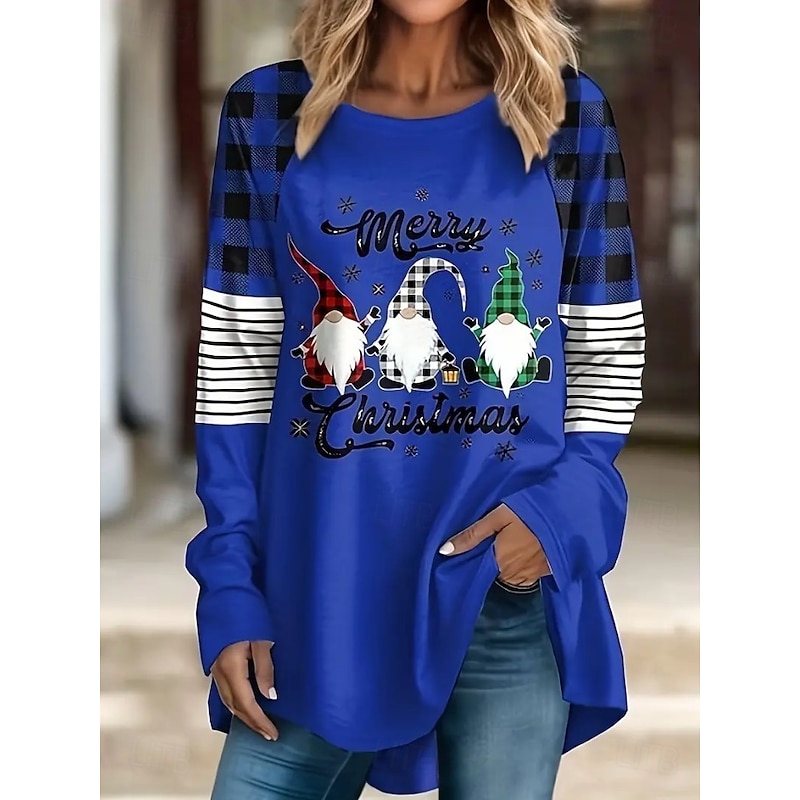 Christmas Women's T Shirt Graphic Santa Claus Geometry Vintage Stylish Classic Long Sleeve Crew Neck Long Tops Daily Going out Weekend Print Red Blue Spring Fall Winter3