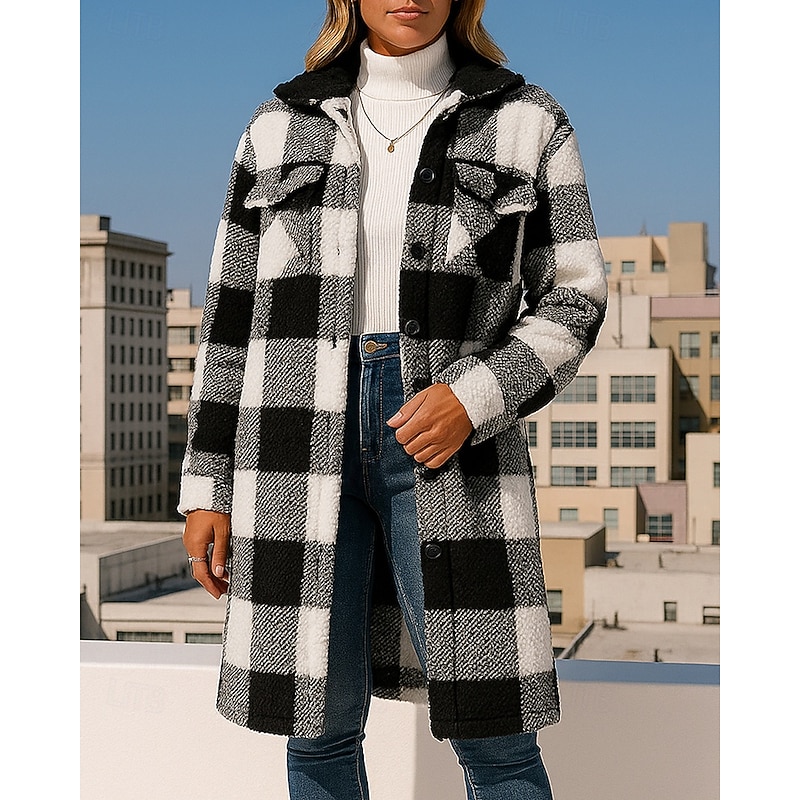 Women's Long Winter Coat Polar Fleece Jacket with Pockets Long Sleeve Top Athleisure Fall Plaid Checkered Windproof Warm Hiking Outdoor Travel Sportswear Activewear Black Khaki