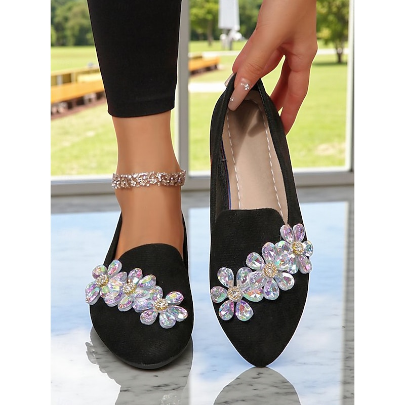 Women's Black Faux Suede Slip-on Shoes with Rhinestone Flower Embellishment – Elegant Comfort Shoes for Parties and Daily Wear