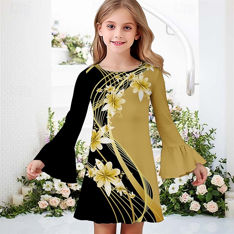 Girls' 3D Flower Dress Ruffle Dress Long Sleeve Summer Spring Vacation Daily Holiday Beautiful Sweet Kids 4-12 Years Casual Dress Knee-length Regular Fit