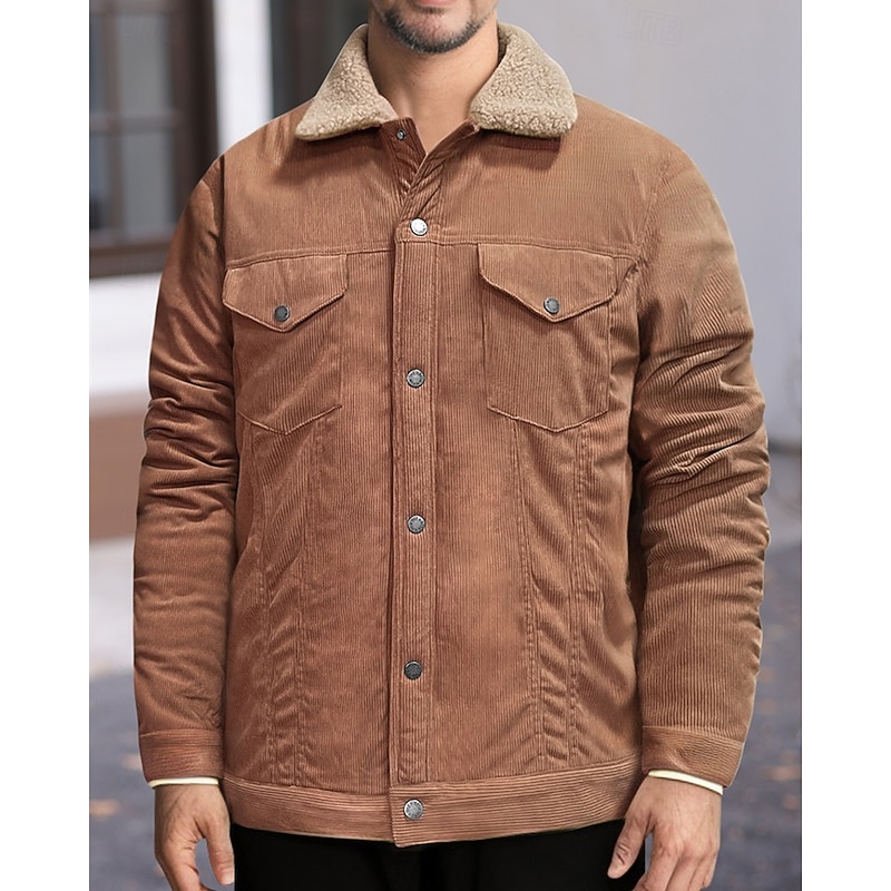 Men's Winter Jacket Corduroy Jacket Fleece Jacket Casual Jacket Vacation Daily Thermal Warm Pocket Fleece Winter Plain Fashion Streetwear Lapel Regular Black Light Green Navy Blue Orange Brown Jacket