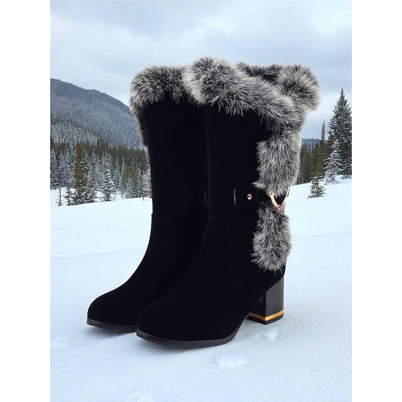 Women's Black Faux Fur Lined Winter Boots - Chunky Heel Velvet Snow Boots with Gold Accent for Cold Weather, Ski Trips and Holiday Outfits2