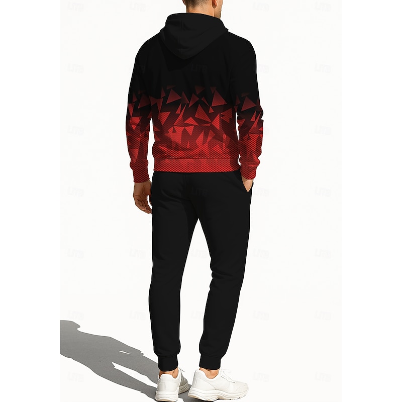Men's Hoodie Tracksuit Zip Hoodie Drawstring Pockets Geometric Pants Hoodie Sweatshirt Fall Red / black Gym Workout Casual Basketball Baggy Long Sleeve Sport Activewear Stretchy Regular Fit2