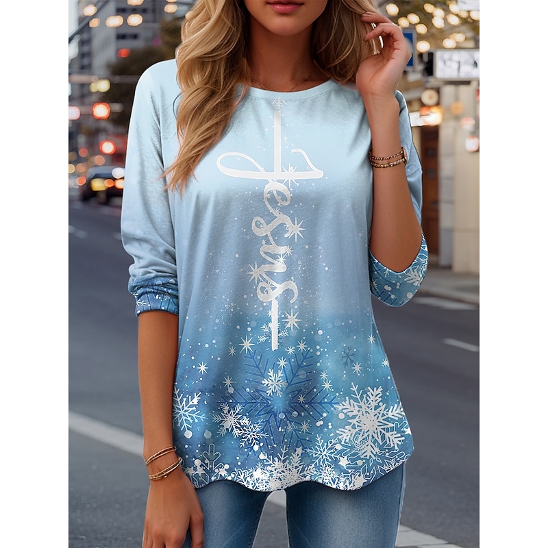 Women's T Shirt Ombre Graphic Snowflake Vintage Fashion Stylish Long Sleeve Crew Neck Regular Tops Daily Weekend Print Pink Blue Purple Green Spring Fall Winter
