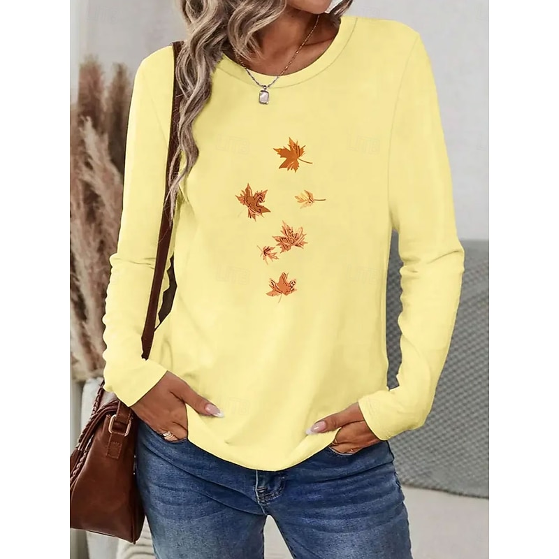Women's T Shirt Graphic Plants Vintage Stylish Classic Long Sleeve Crew Neck Regular Tops Daily Print Black White Yellow Spring Fall Winter