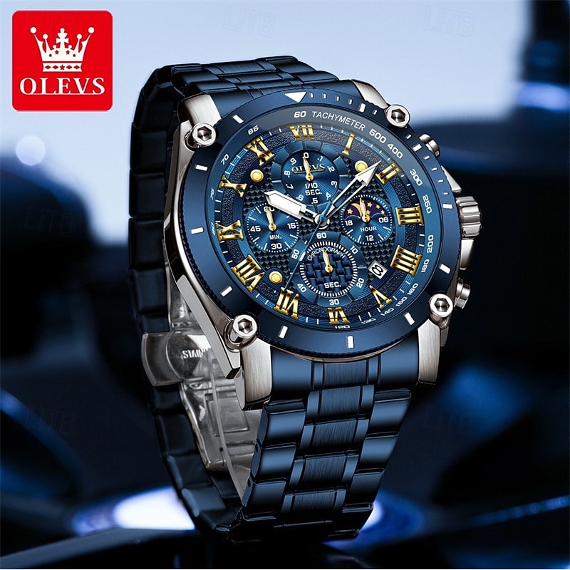 The New Olevs Men'S Steel Band Business Watch Moon Phase Luminous Calendar Chronograph 24-Hour Indication Quartz Watch Is A Fashionable Casual And Versatile Waterproof Sports Wristwatch