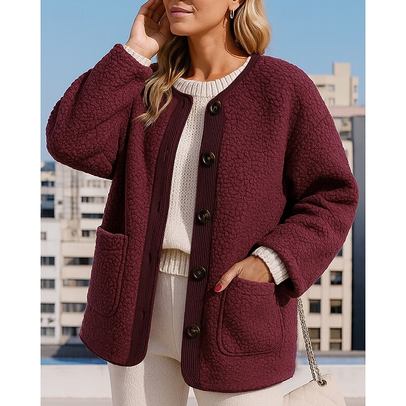 Women's Winter Coat Polar Fleece Jacket Buttons with Pockets Long Sleeve Top Athleisure Fall Solid Colored Warm Hiking Outdoor Travel Sportswear Activewear Wine Red Black White
