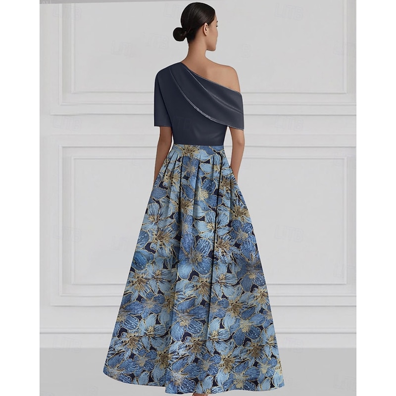 Jacquard Brocade Floral A-Line Prom Dresses Elegant Dress Formal Wedding Guest Ankle Length Short Sleeve One Shoulder Pocket Nylon with Pocket2