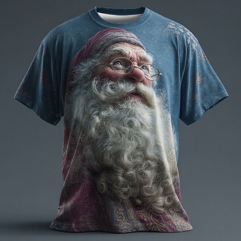 Christmas Men's Santa Claus T Shirt Short Sleeve T shirt 3D Print Crew Neck Shirt Daily Designer Artistic Vacation Party Street Blue All Seasons Clothing Apparel S M L XL XXL XXXL