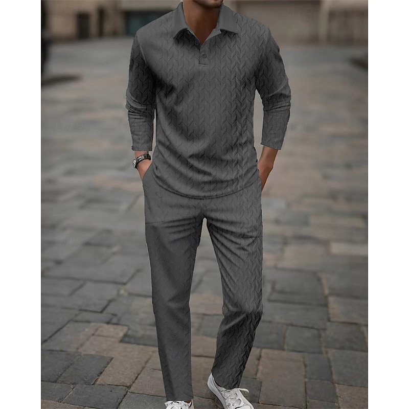 Men's T-shirt Suits Shirt and Pant Sets 2 Pieces Outfits Long Sleeve Lapel Spring Fall Plain Fashion Casual Jacquard 2 Piece Vacation Daily Wear Going out Black White Navy Blue Top Tee for Men