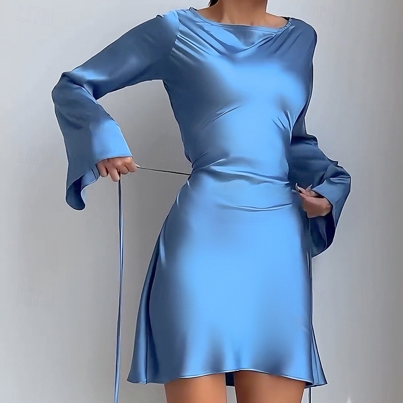 Women's Mini Dress Party Dress Cocktail Dress Satin Dress Elegant Modern Party Evening Party Cocktail Party Regular Fit Plain Long Sleeve Crew Neck Black Blue Fall Winter