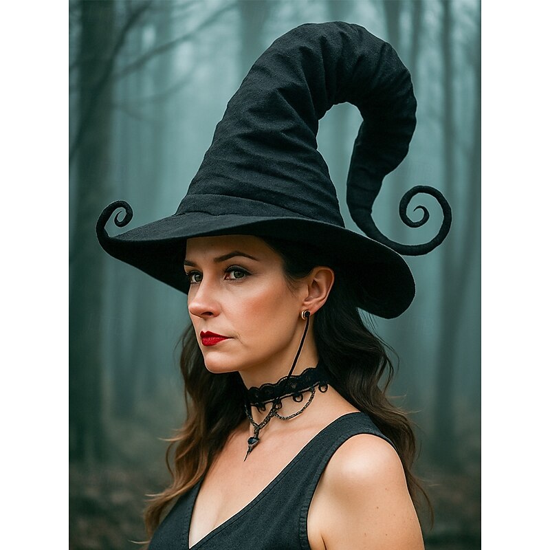 Women's Halloween Witch Hat – Black Gothic Pointed Cosplay Wizard Hat with Curled Brim for Costume Party