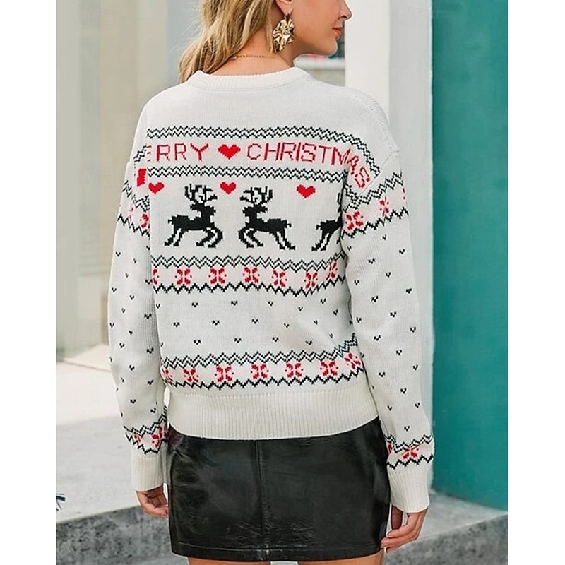 Women's Sweater Pullover Fashion Casual Reindeer Ribbed Crew Neck Knitted Print Long Sleeve Regular Tops Knit Christmas Outdoor Daily White Fall Winter2