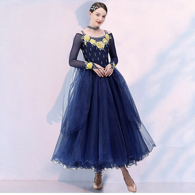 Ballroom Dance Dress Embroidery Rhinestones Women's Performance Long Sleeve Waltz Modern Dance Costumes3