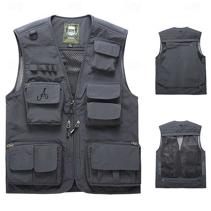 Men's Letter Fishhooks Vest Gilet Fishing Vest Tactical Practical Casual Photography Camping & Hiking Hunting Quick Dry Multiple Pockets Fishing Vest with Removable Mesh Back Fall Winter Collarless4