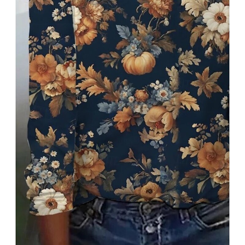 Women's T Shirt Floral Elegant Vintage Fashion Long Sleeve Crew Neck Regular Tops Daily Going out Weekend Print Blue Orange Summer Spring3