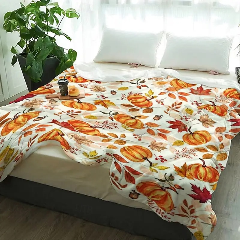Halloween Fleece Throw Blanket for Couch Pumpkin Farm Rustic Cottagecore Party Sofa Bed Decorative Warm Blanket Home Decor3