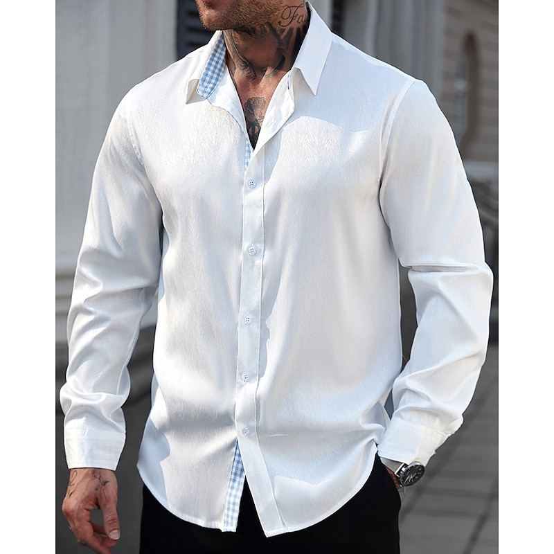 Men's Shirt Summer Shirt Casual Shirt Beach Shirt Button Up Shirt White Long Sleeve Plain Lapel Vacation Hawaiian Clothing Apparel Polyester Fashion Casual Comfortable