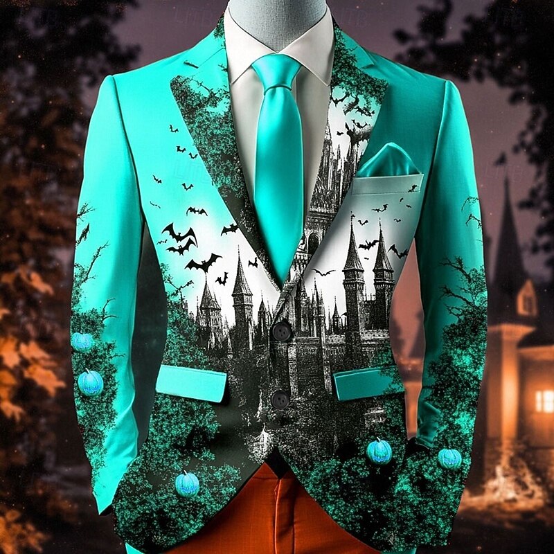 Men's Bat Castle Blazer Jacket Comfortable Artistic Casual Party Evening Wear Daily Festival 3D Print Buttons Multi Pocket Spring Fall & Winter Flat collar Long Sleeve Red Orange Green3