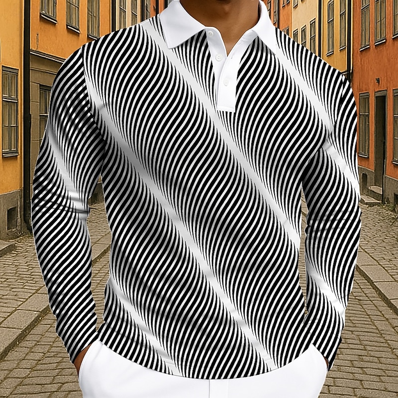 Men's Geometic Line Polo Long Sleeve Polo Shirts Lapel Casual Athleisure Daily Wear 3D Print Buttons Spring Fall Winter Black Gray