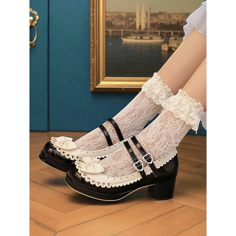 Women's 1950s Black and White Faux Patent Bow Mary Jane Shoes – Double Strap Lolita Vintage Chunky Heel Pumps for Girls' Tea Party, School Uniform, and Cosplay Outfits