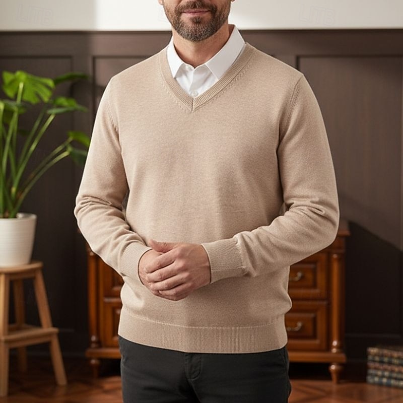Men's Pullover Sweater Jumper Knit Sweater Ribbed Knit Regular Tops Knitted Plain V Neck Fashion Basic Vacation Daily Wear Clothing Apparel Fall Winter Camel Wine S M L3