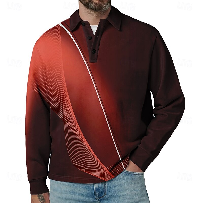 Men's Geometic Line Polo Long Sleeve Polo Shirts Collared Shirts Casual Outdoor Athleisure 3D Print Spring Fall Winter Red Blue Purple3