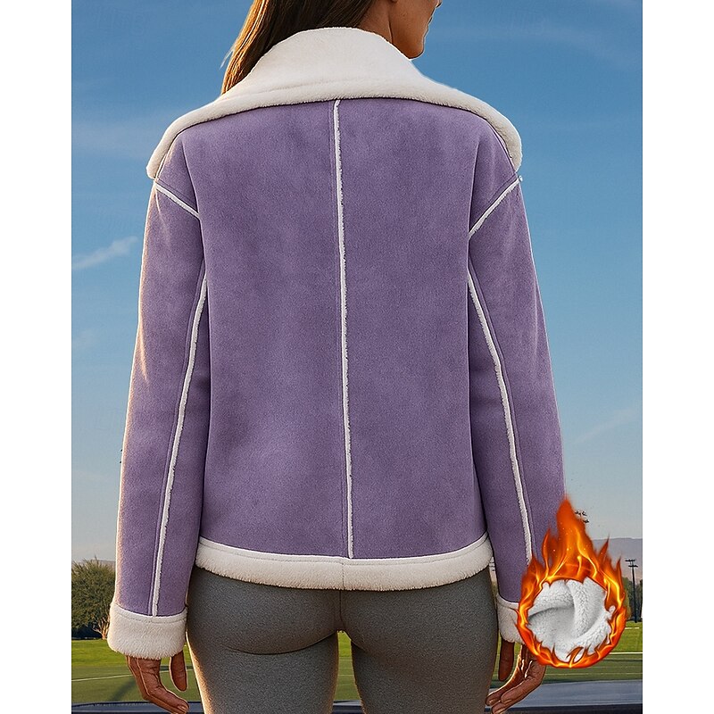 Women's Fleece Jacket Winter Coat with Pockets Long Sleeve Top Athleisure Fall Solid Colored Windproof Thick Warm Outdoor Travel Vacation Sportswear Activewear Wine Red Pink Light Purple2