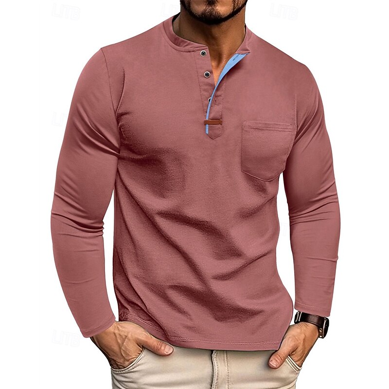 Men's T Shirt Henley Shirt Tee Tee Top Long Sleeve Henley Spring Fall Plain Fashion Designer Basic Pockets Buttons Vacation Street Going out Black White Wine Top Tee for Men3