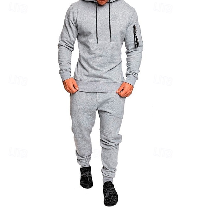 Men's 2 Piece Tracksuit Lounge Hoodie Sweatsuit Sets Solid Colored Clothing Suit Spring Dark Gray Light Grey Gym Workout Running High Waist Lightweight Fashion Long Sleeve Sport Activewear4