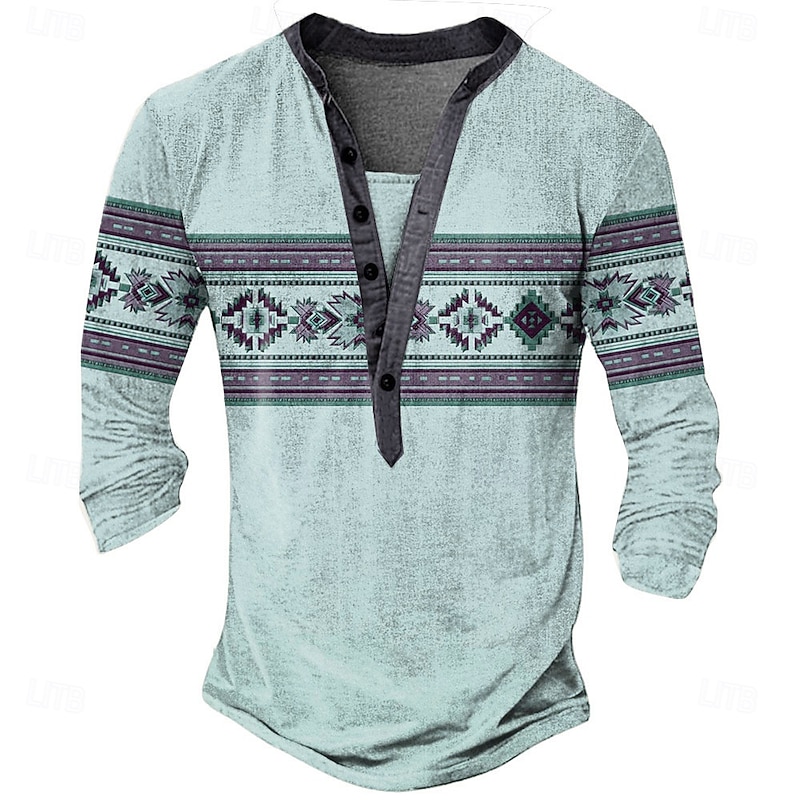 Men's Aztec Ethnic T Shirt Henley Shirt Long Sleeve Vintage Designer Retro Vintage Street Casual Daily Summer Spring Fall Light Gray Blue Green Khaki Henley Henley T-Shirt3