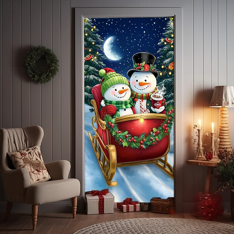 Christmas Door Cover Winter Holiday Curtain Decoration Festive Drapes Featuring Sleigh And Snowman With Merry Christmas Print Large Fabric Panel For Home Living Room Bedroom Entryway Wall Decor2
