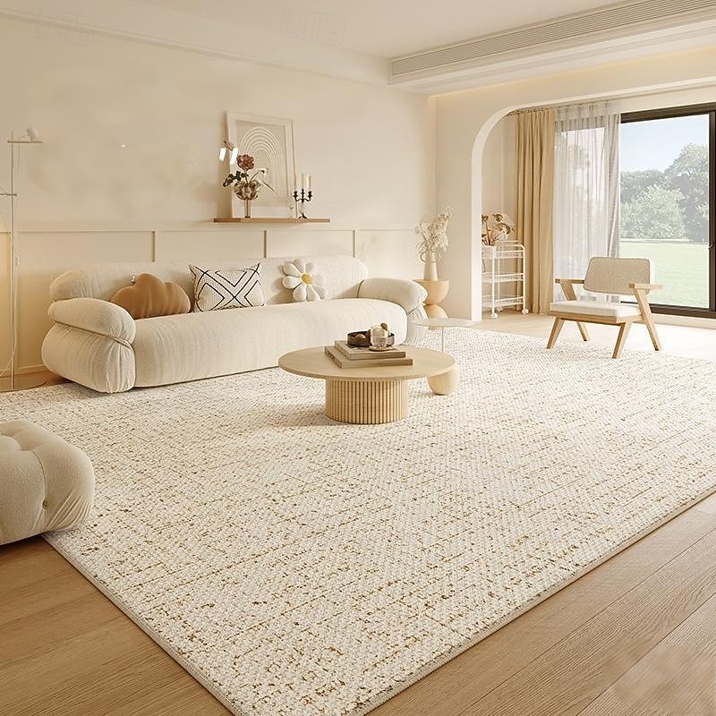 Cream Boho Style Area Rug, Solid Color Waterproof Stain Resistant Carpet Easy Care Wipeable Floor Mat for Living Room Bedroom Sofa Coffee Table