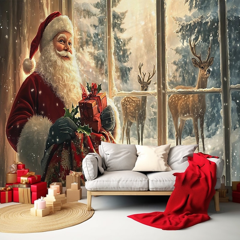 Chrismas Hanging Tapestry Santa Claus Reindeer Northern Lights Christmas Ornament Balls Large Wall Art Mural Decor Blanket Curtain Holiday Home Bedroom Living Room Festive Seasonal Party Decoration2