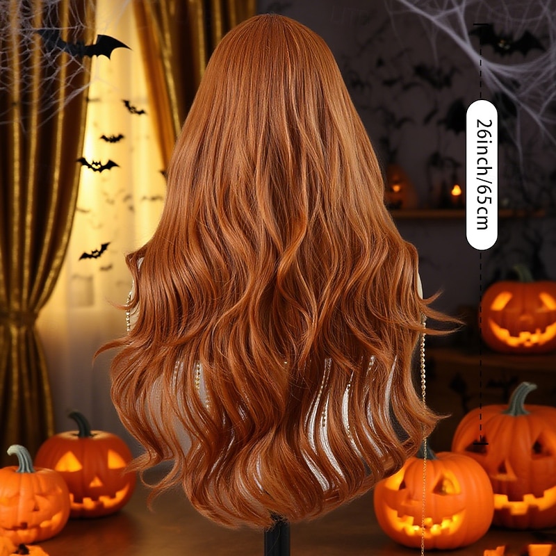 Synthetic Wig Curly Wavy Middle Part Neat Bang Wig 26 inch Auburn Synthetic Hair 26 inch Women's Soft Comfy Orange4