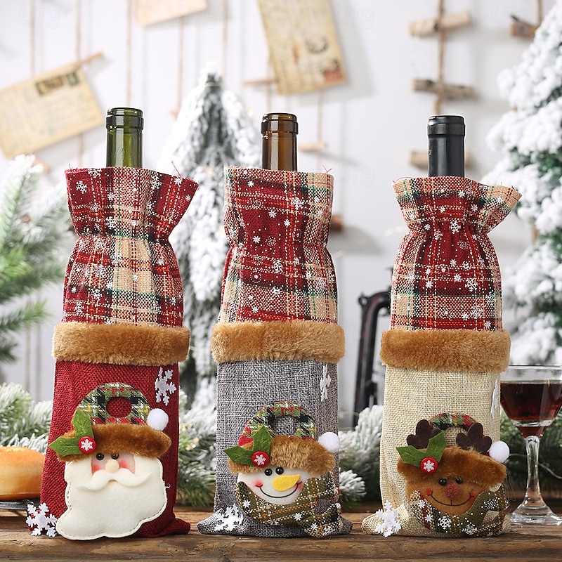 3 Pack Christmas Wine Bottle Covers, Plaid Burlap Wine Bags, Holiday Red Wine and Champagne Bottle Holders, Creative Xmas Table Decorations, Reusable Gift Wrapping Bags, Party Supplies