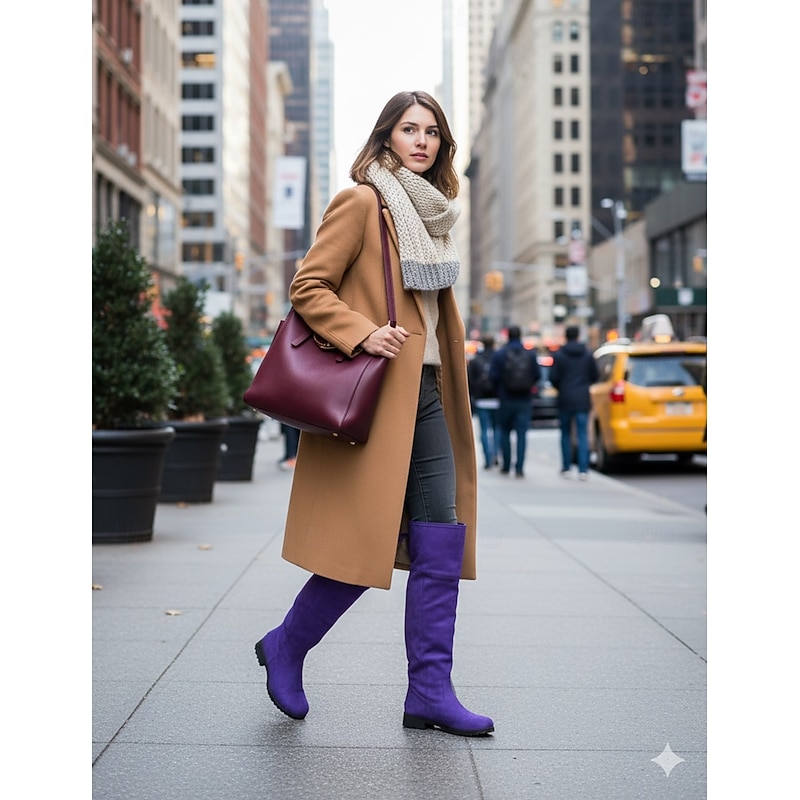 Women's Purple Over-the-Knee Suede Boots with Flat Heel - Stylish and Comfortable for Winter Casual Wear2